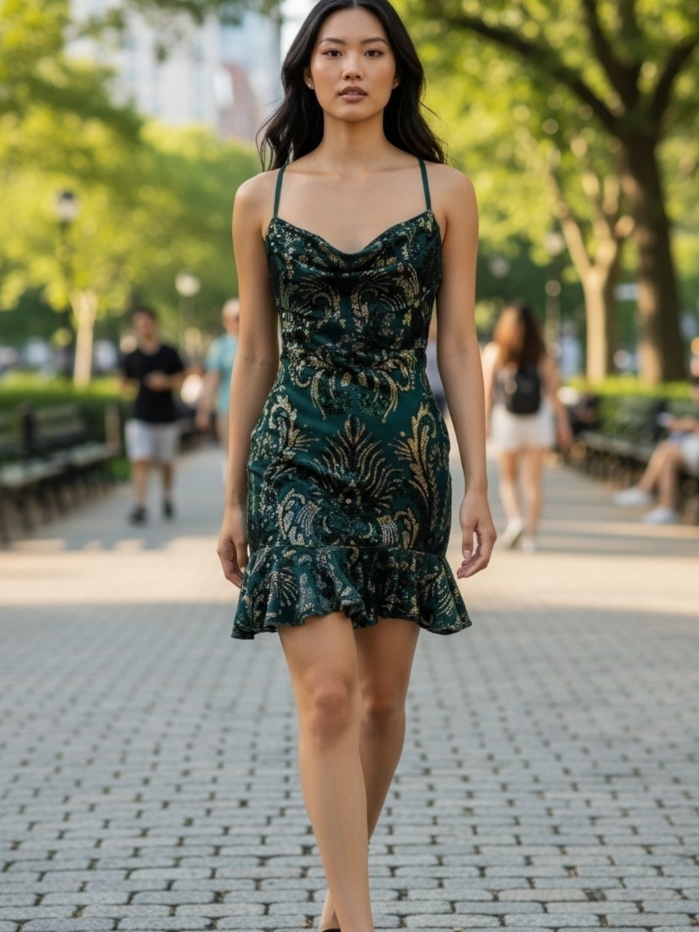 Selfie Leslie Forest Green Sequin Mini Dress XS AU 6 Mermaid Hem Party Cocktail